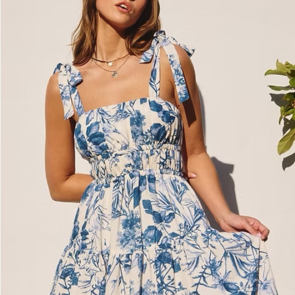 Women’s Blue Floral Tie-Shoulder Sundress